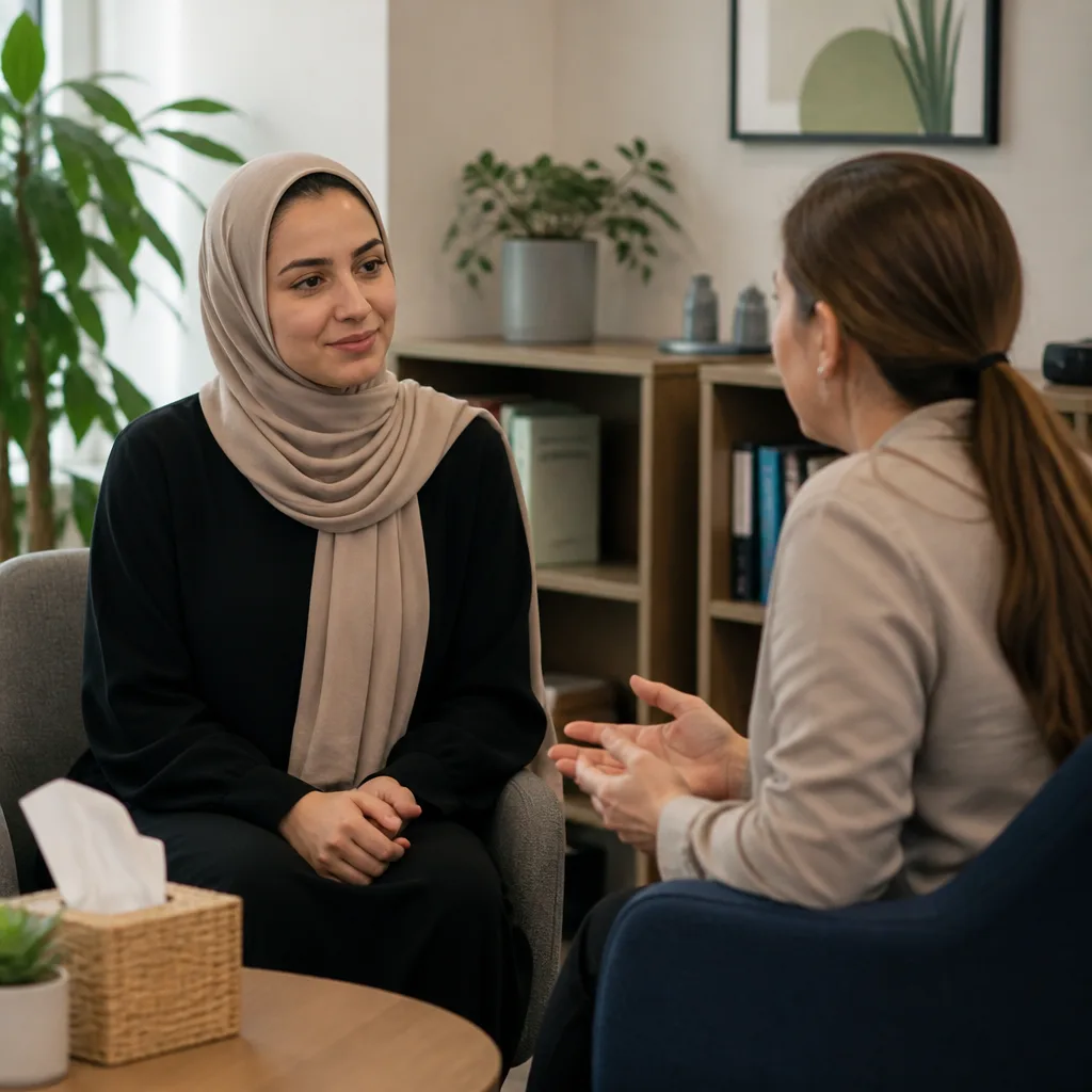 A Muslim woman speaking with a counselor in a calm office setting
