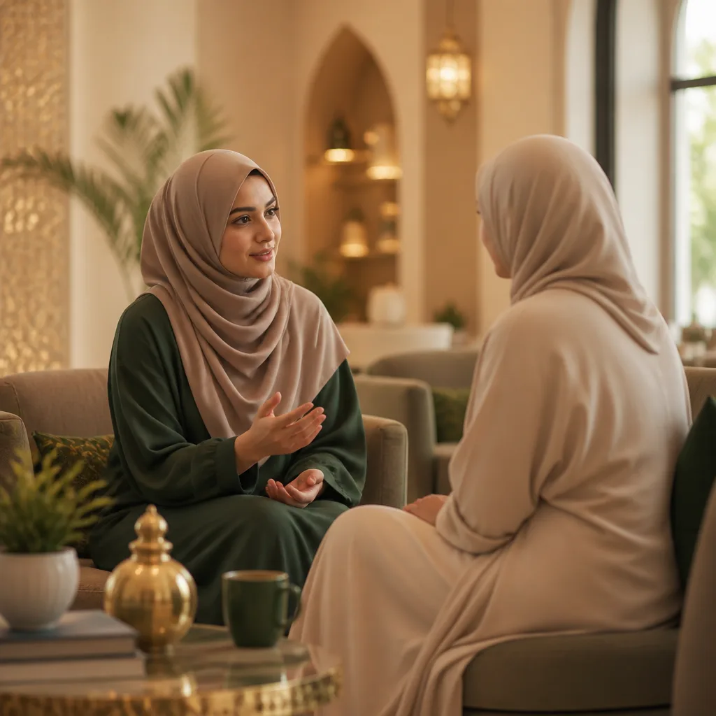 Sister-to-sister mentoring conversation in a calm community lounge.
