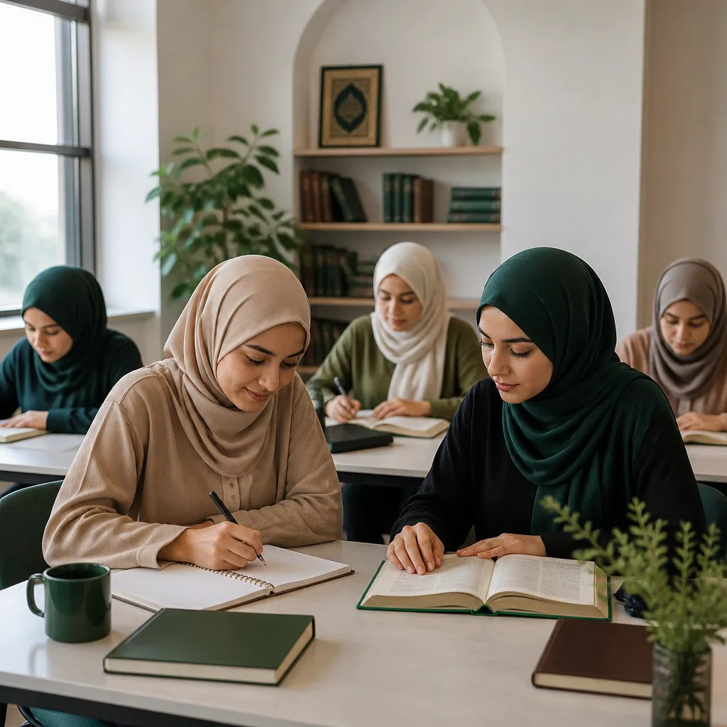 Young Muslim women studying together during Islamic Classes in a serene community room.