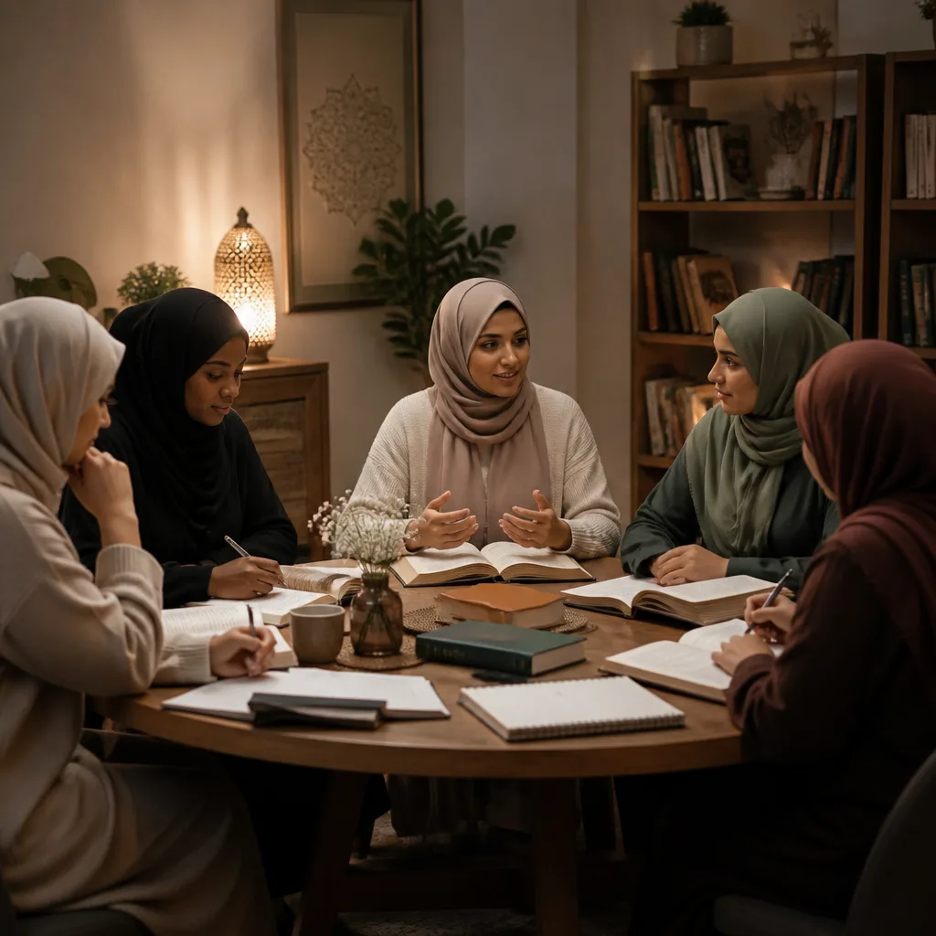 Muslim women participating in a study circle for Islamic learning in a serene community setting.