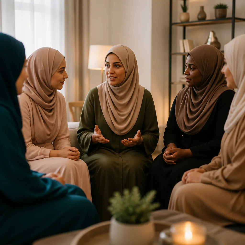 Sisterhood circle of Muslim mothers sharing supportive community experiences.