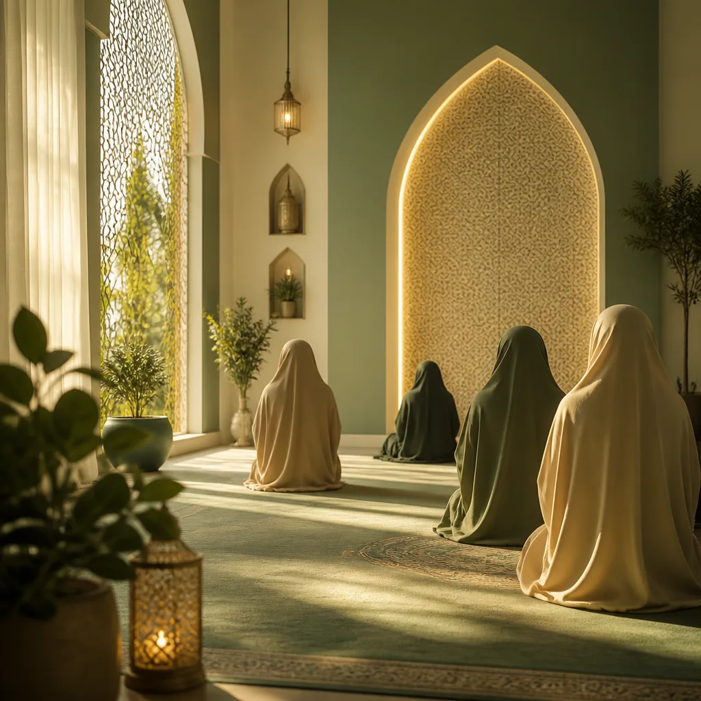 Peaceful sister-only community and prayer space with soft green and gold ambiance.