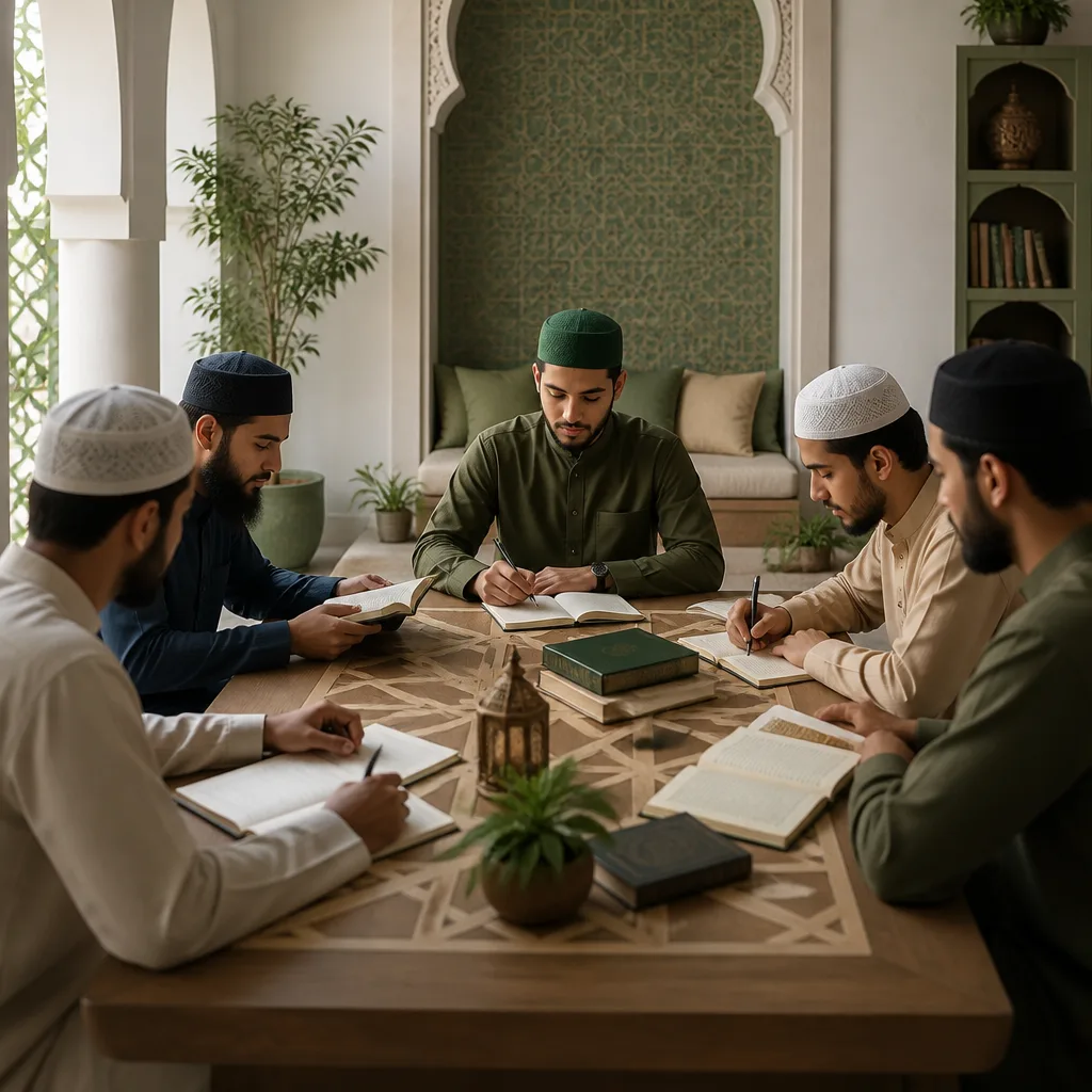 A peaceful Islamic learning setup representing beginner-friendly study circles and guidance