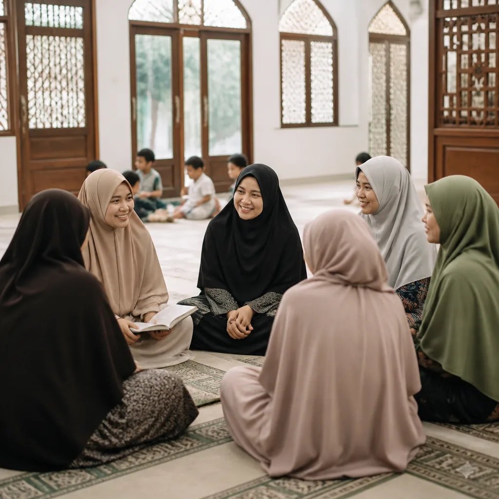 Muslim sisters and children in a warm community gathering space