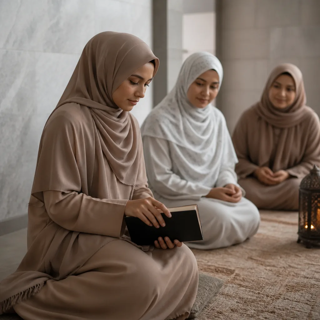 Modest dressed woman in a calm, warmly lit indoor setting