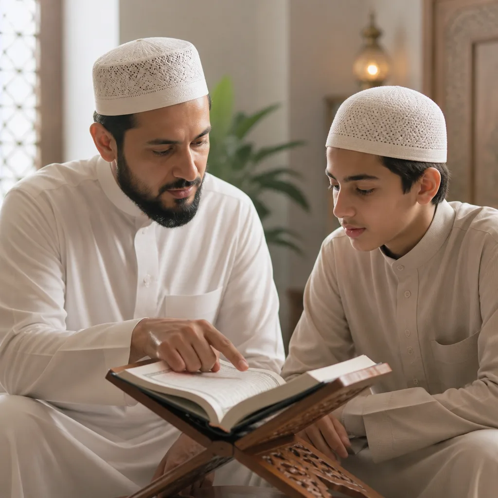 Teacher giving Tajweed-focused feedback to a teen during Qur’an recitation