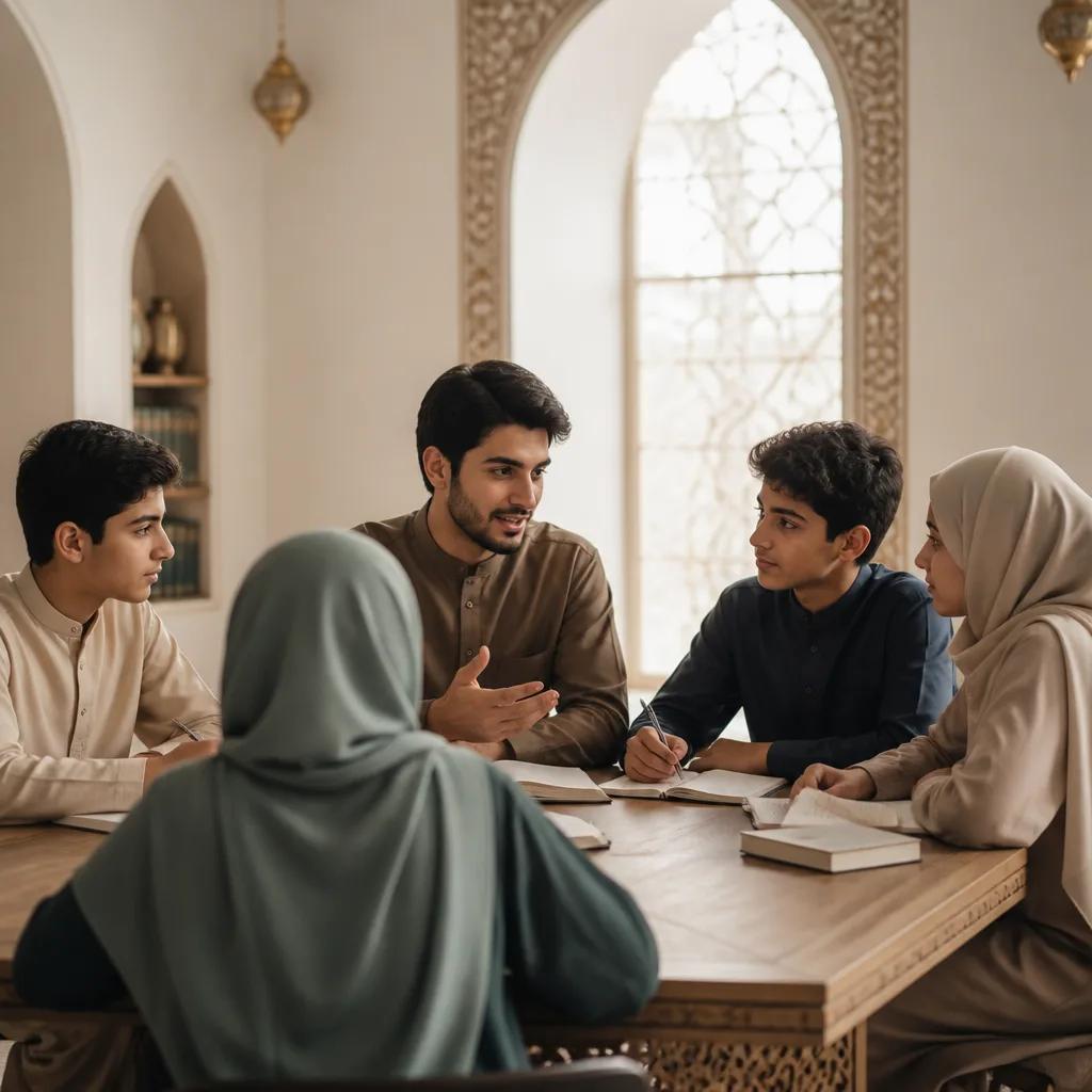 Teen students receiving structured guidance for Qur’an memorization and review in a respectful learning environment