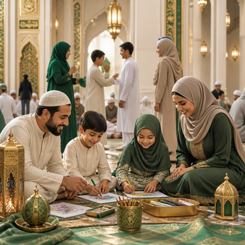 Families and children engaging in a respectful community celebration at a masjid.