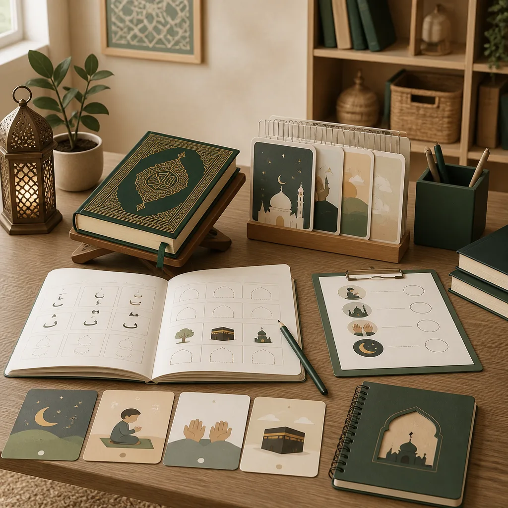 Neatly organized age-appropriate Islamic learning materials for Quran and du’a practice.