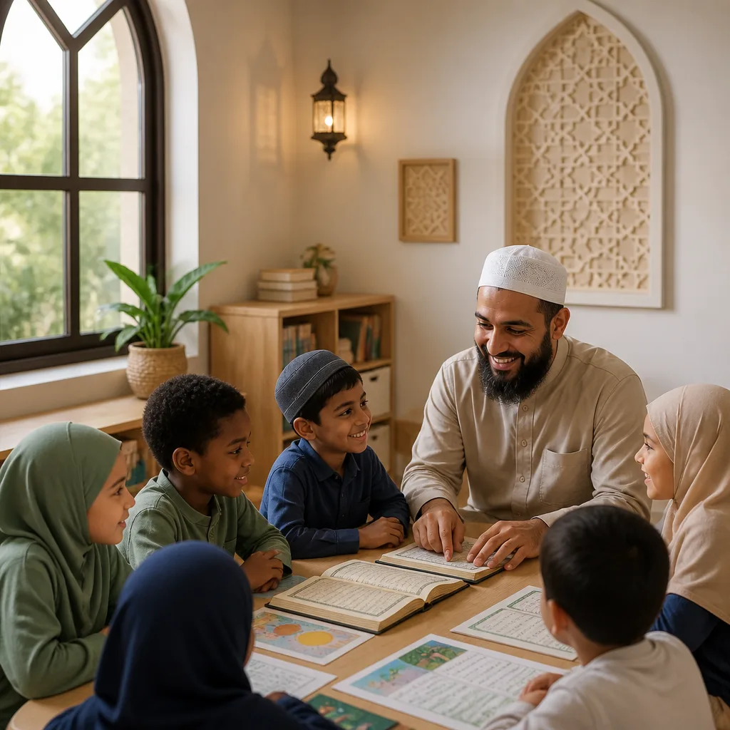 Children learning Quran and practicing duas in a welcoming community classroom setting.