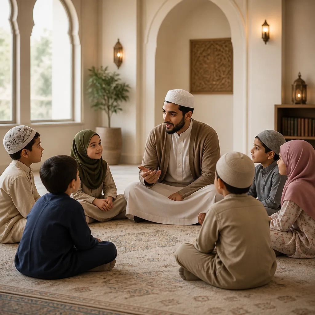 Children and an instructor practicing character and Islamic values together