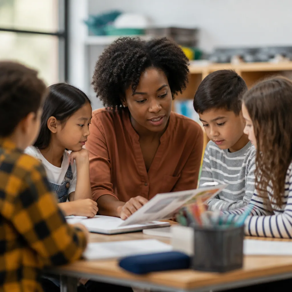 Children learning with a teacher in a bright community classroom setting