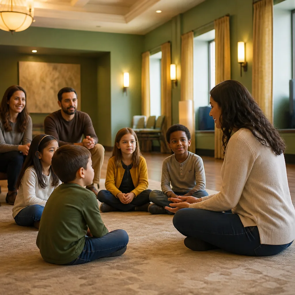 An AMCC instructor guiding children in an interfaith-friendly, respectful learning space