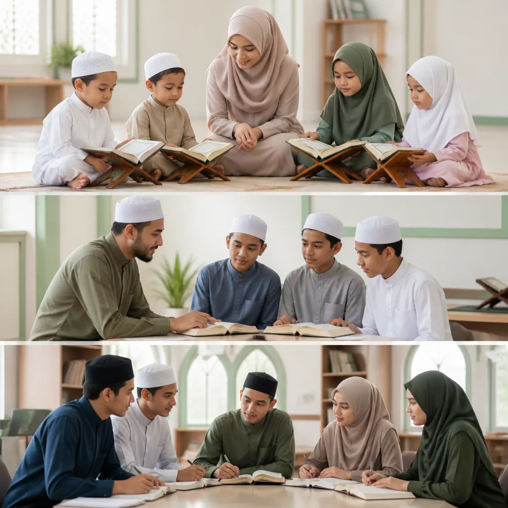 Age-based groups of Muslim students learning Quran and character lessons.