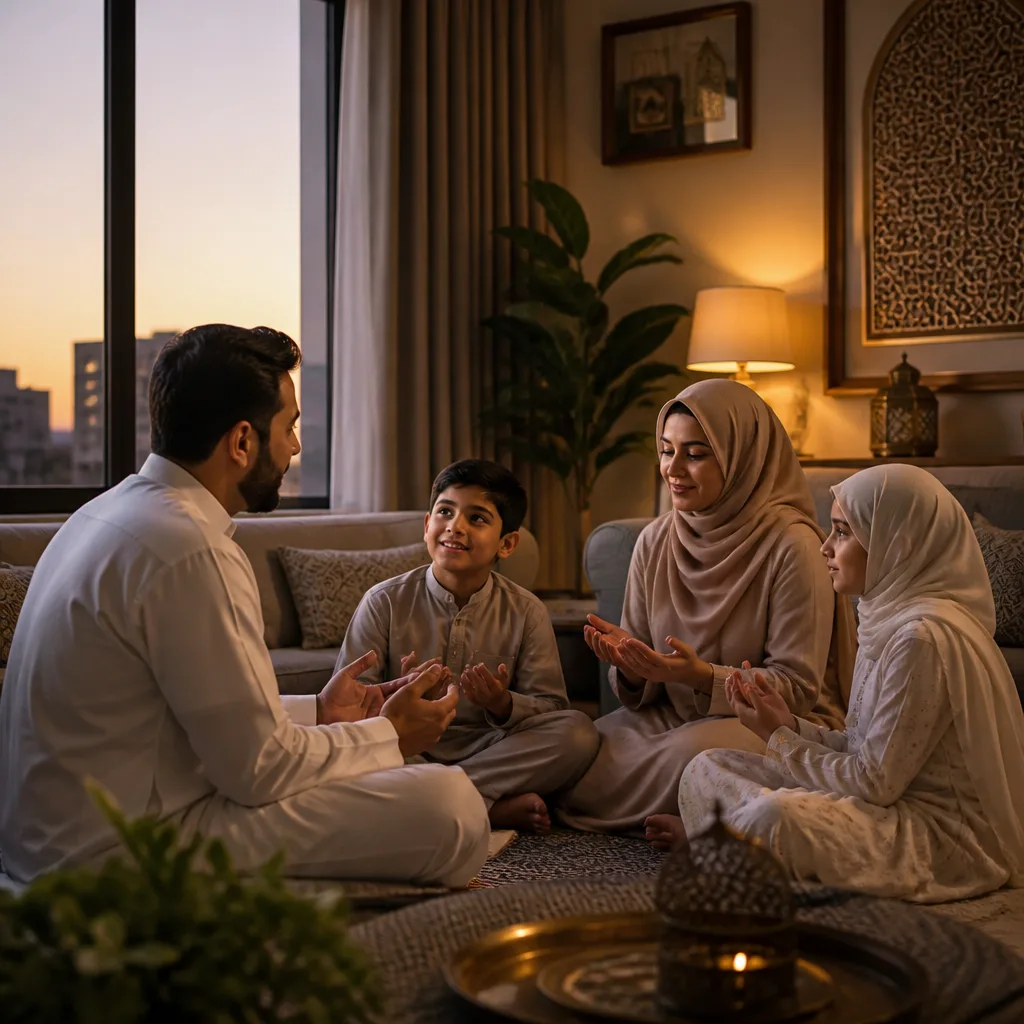 A family connecting through Islamic worship and values at home.