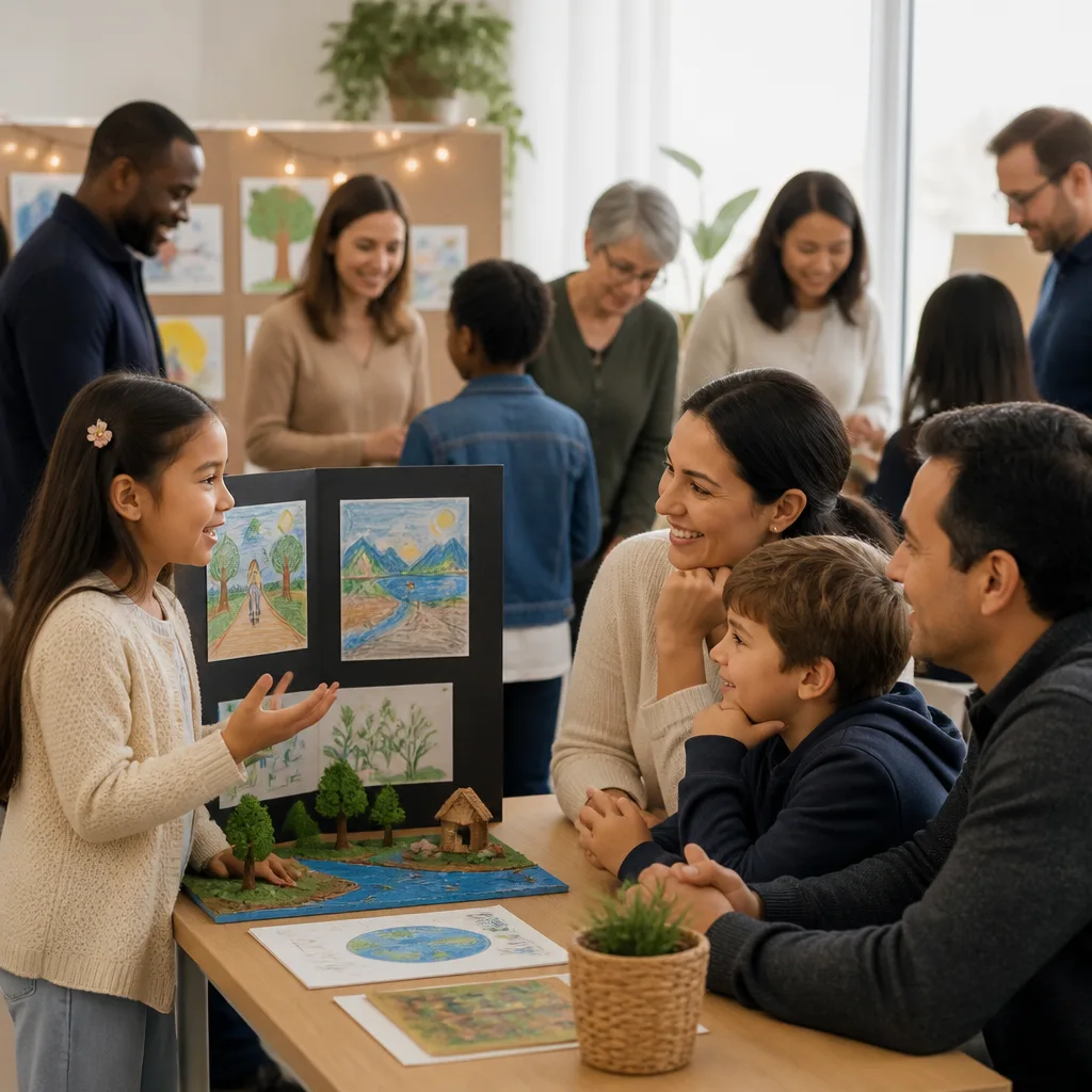 Students and families celebrating learning progress together in a community setting.
