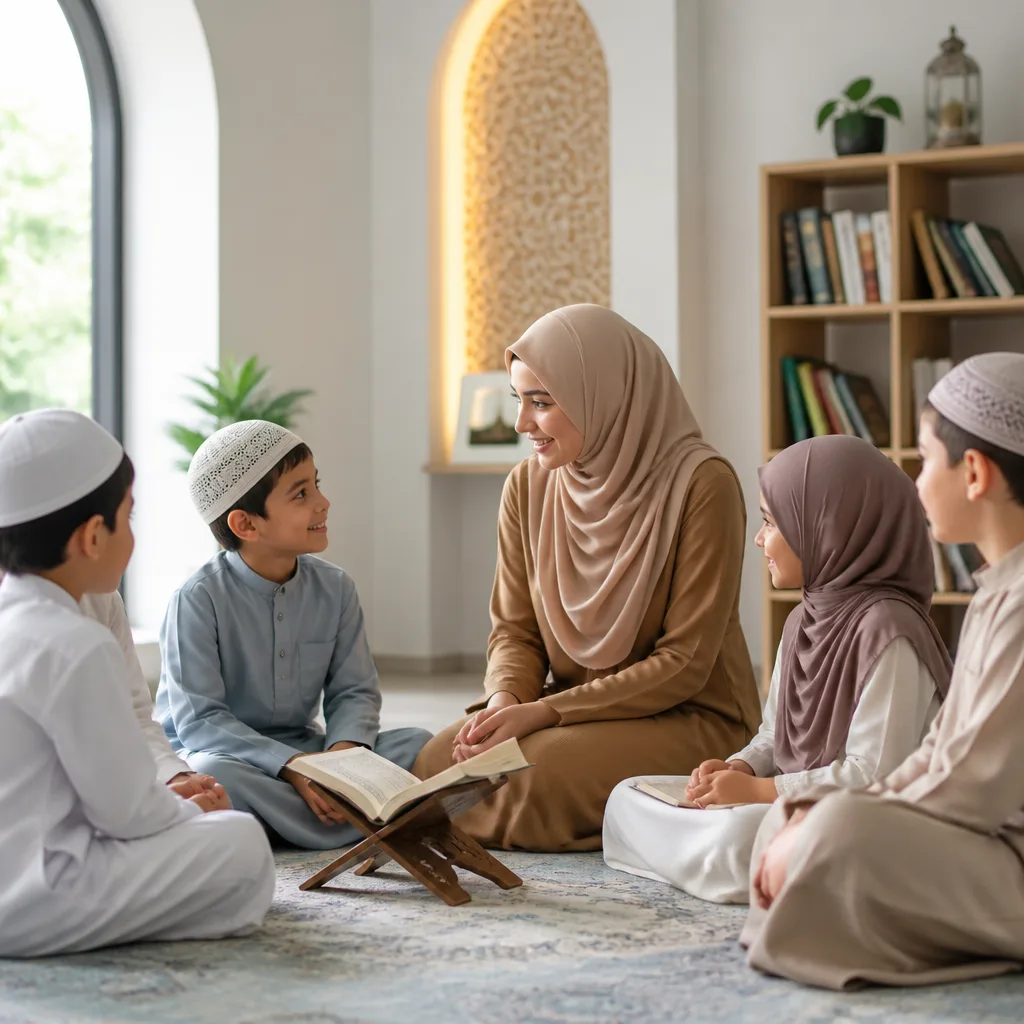 Children learning Quran and Islamic values in a calm weekend school classroom.