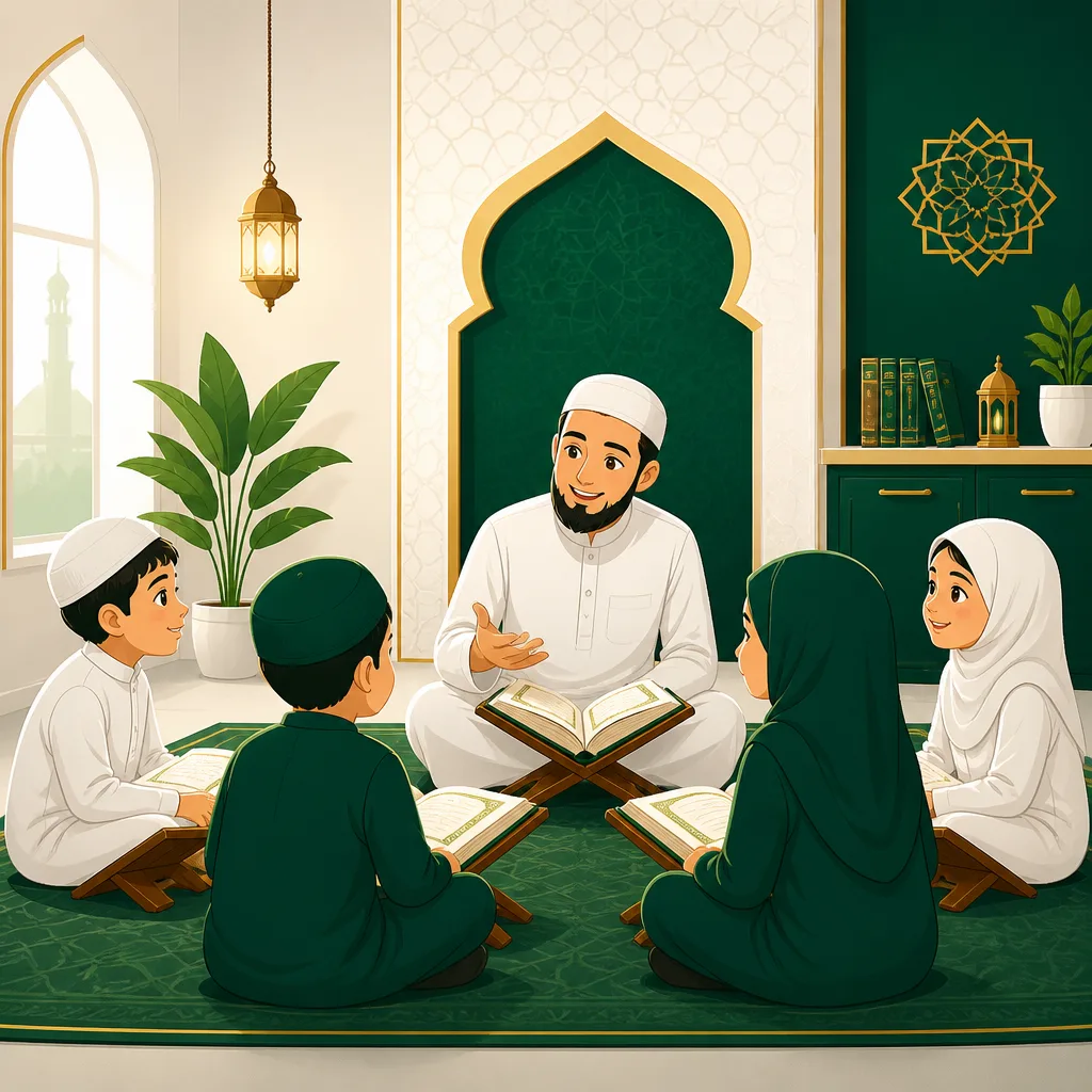 Children participating in Quran learning with guided recitation in a supportive classroom environment.