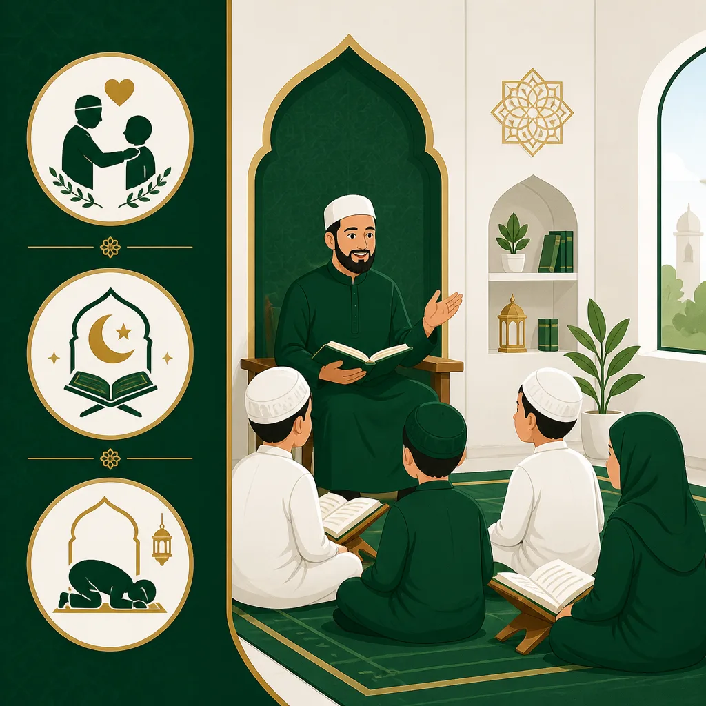 Students learning Islamic studies focused on character, faith foundations, and prayer basics.
