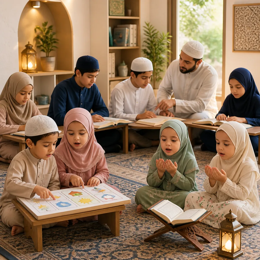 A supportive learning scene showing age-appropriate Quran and character development.