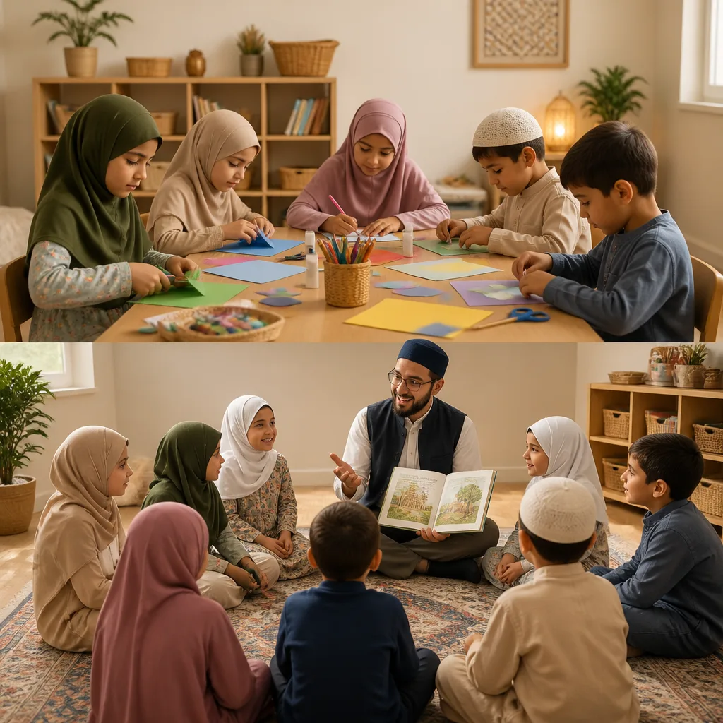 Children in modest weekend school attire participating in classroom crafts and activities.
