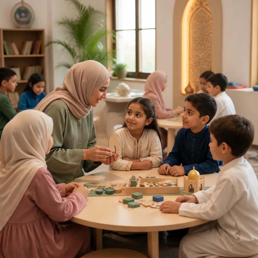 Children learning in a calm AMCC weekend school classroom with their instructor.