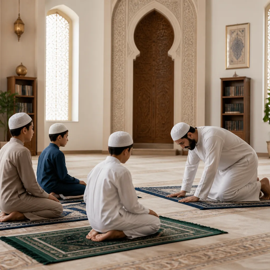 A calm classroom setting where children learn salat steps with guided instruction