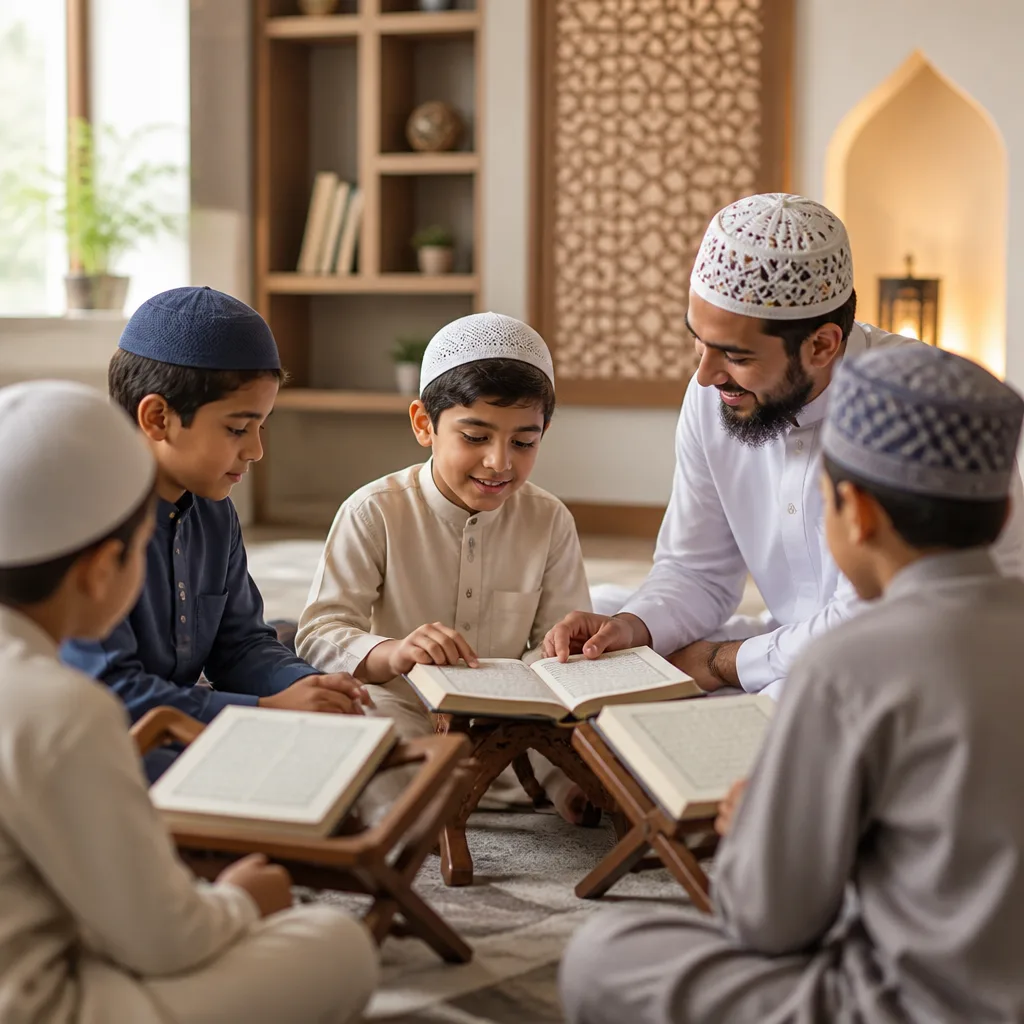 Children participating in weekend Quran learning in a supportive classroom environment