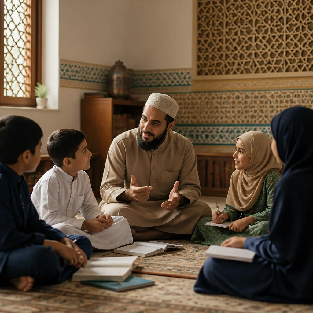 Children learning together in a welcoming weekend Islamic school classroom