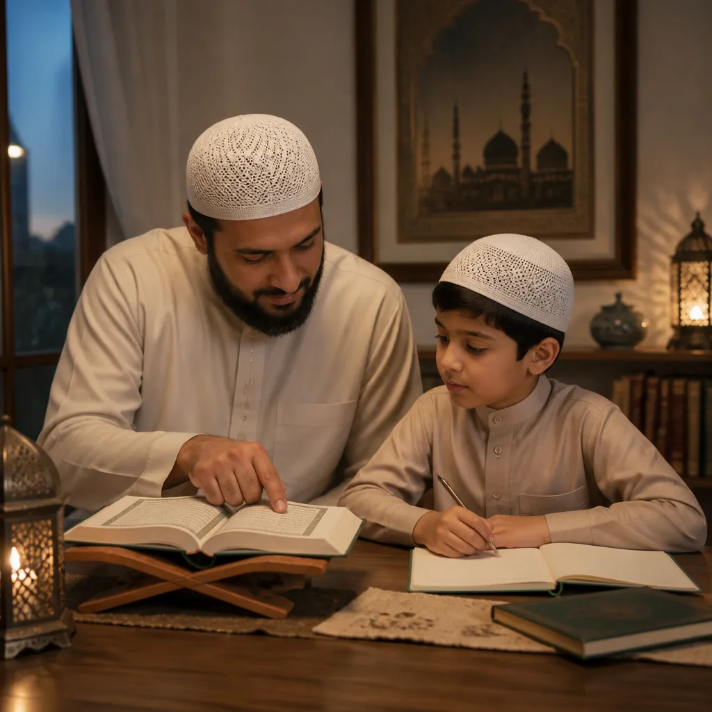 A parent and child reviewing Islamic studies at home with calm, supportive focus