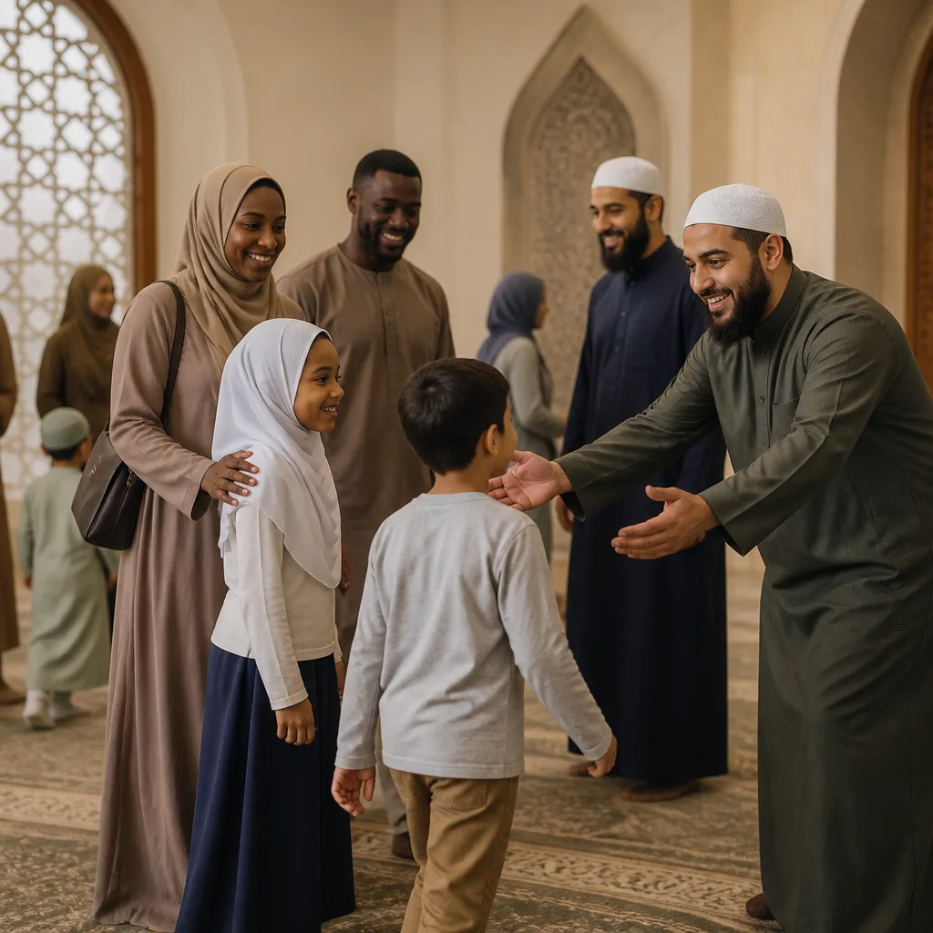 A welcoming community greeting for new learners at a mosque weekend program