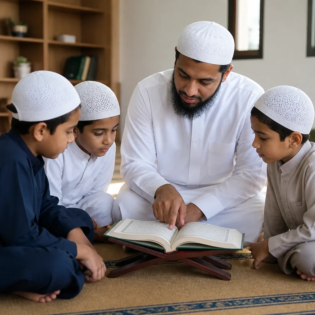 Instructor guiding children in a calm classroom setting