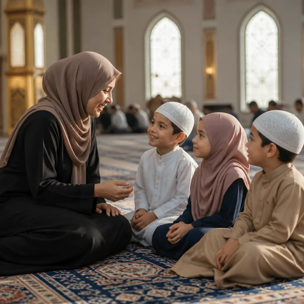 Family and children connected in a mosque community space