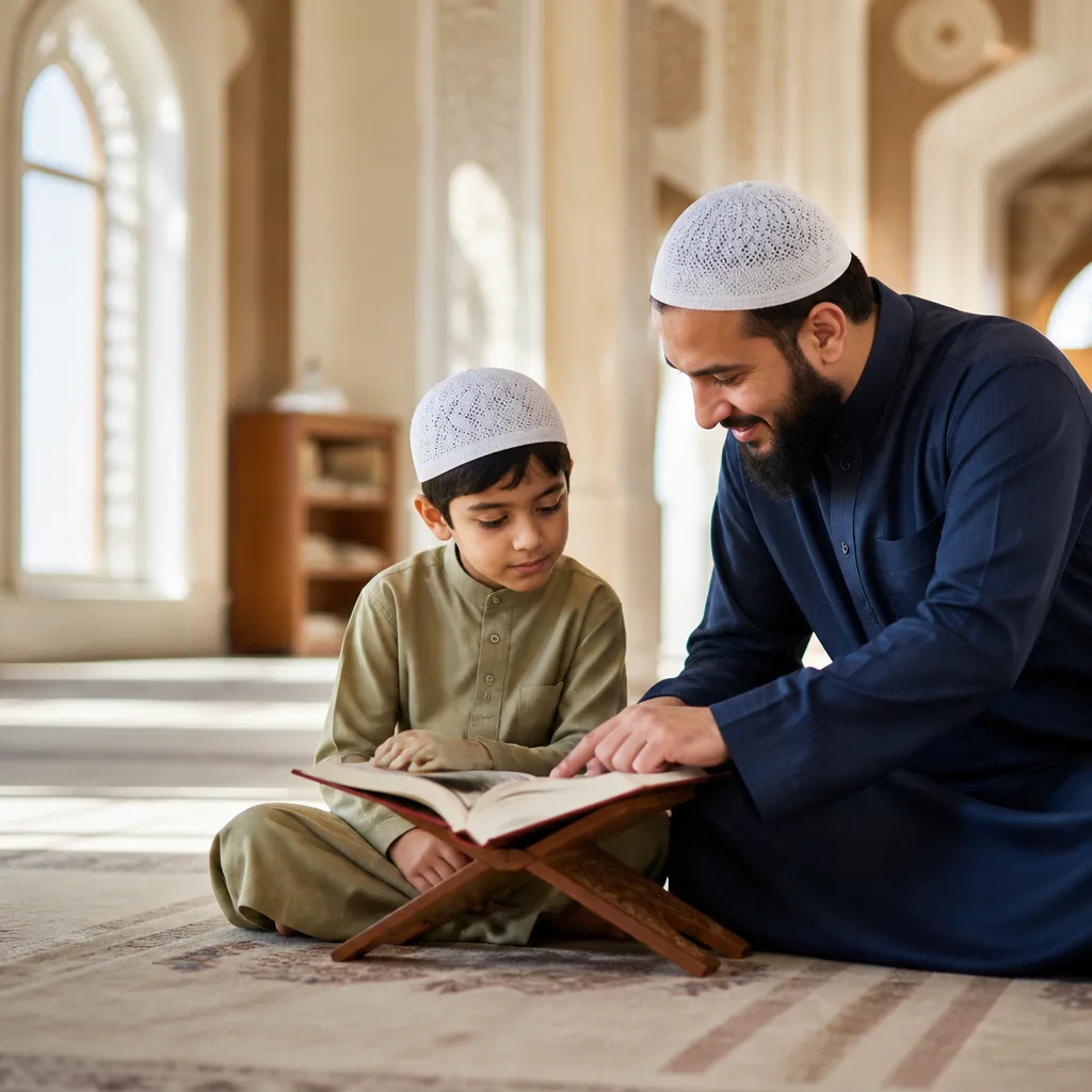 Child learning with an instructor in a welcoming masjid setting