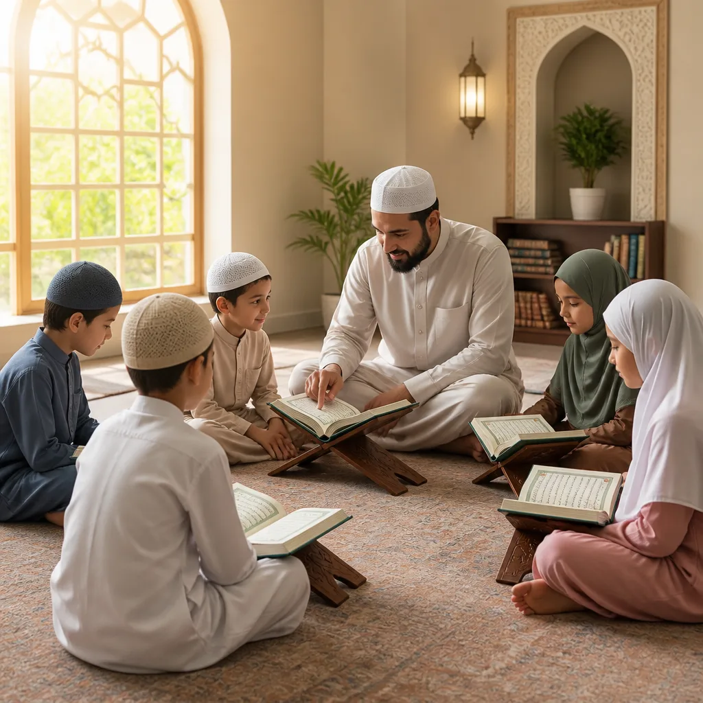 Children learning Quran with guidance in a calm, welcoming classroom setting