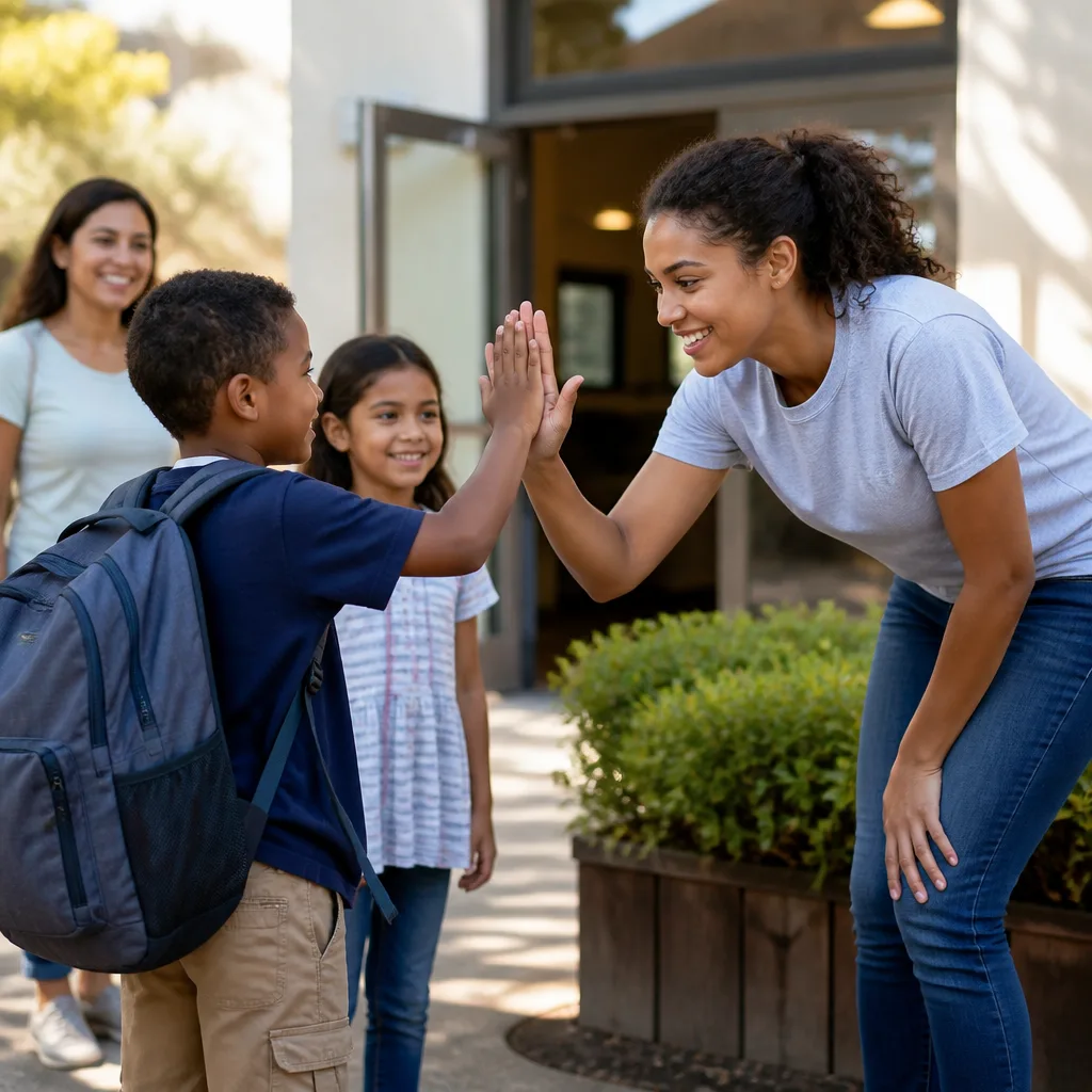 Volunteer greeting children in a welcoming community setting
