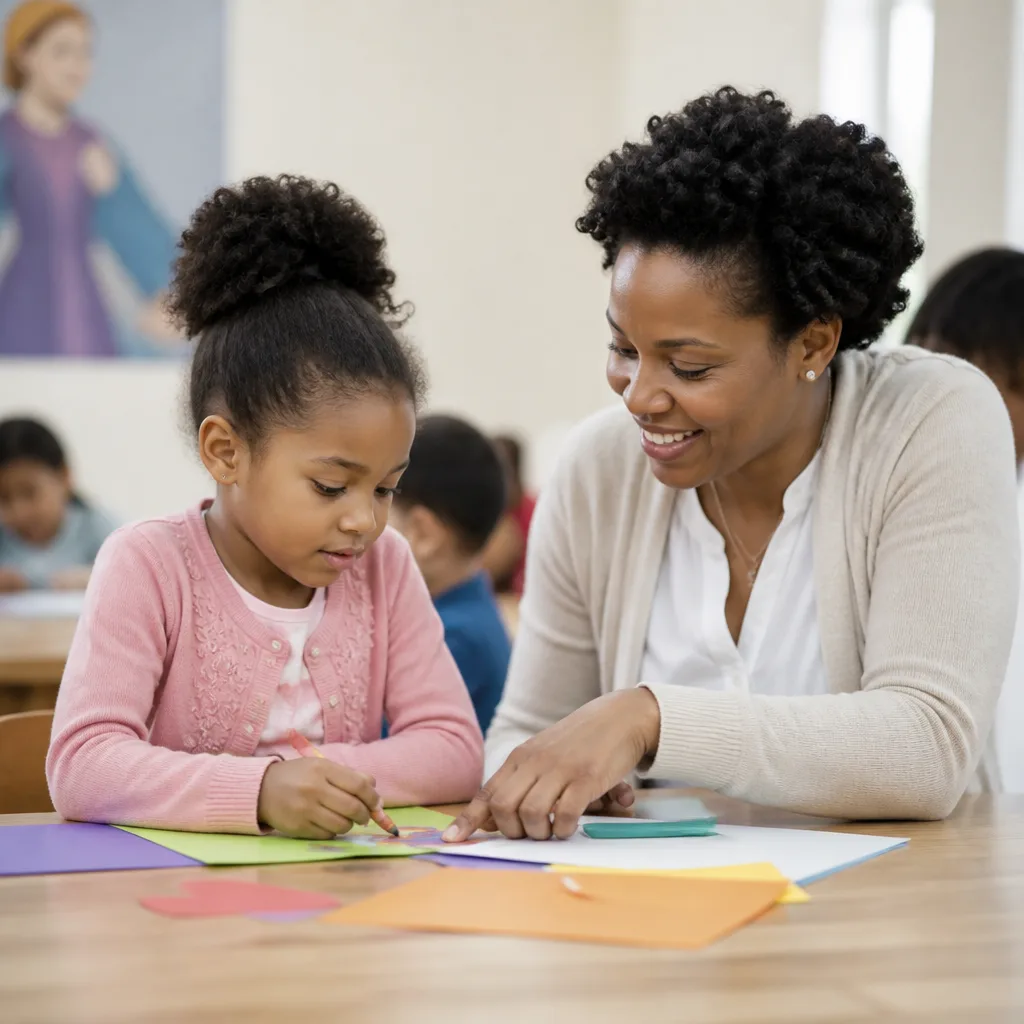 Volunteer helping students during a weekend Sunday School classroom activity