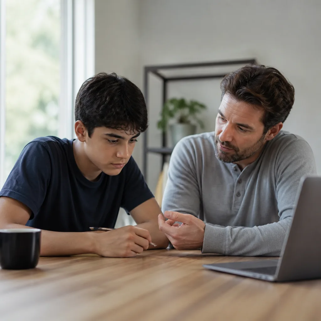 Mentor helping a teen at a study table in a calm room
