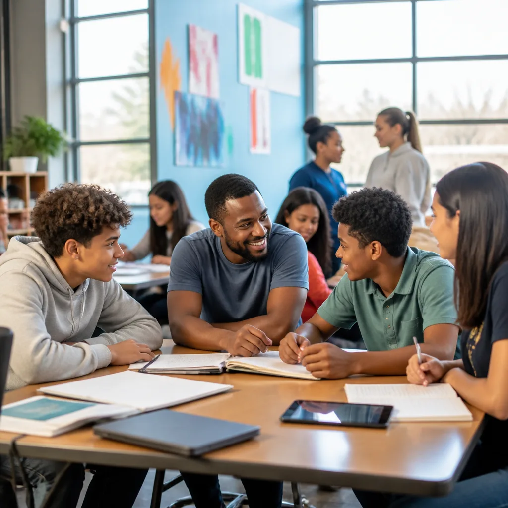 Teens and adult mentors in a community youth program setting