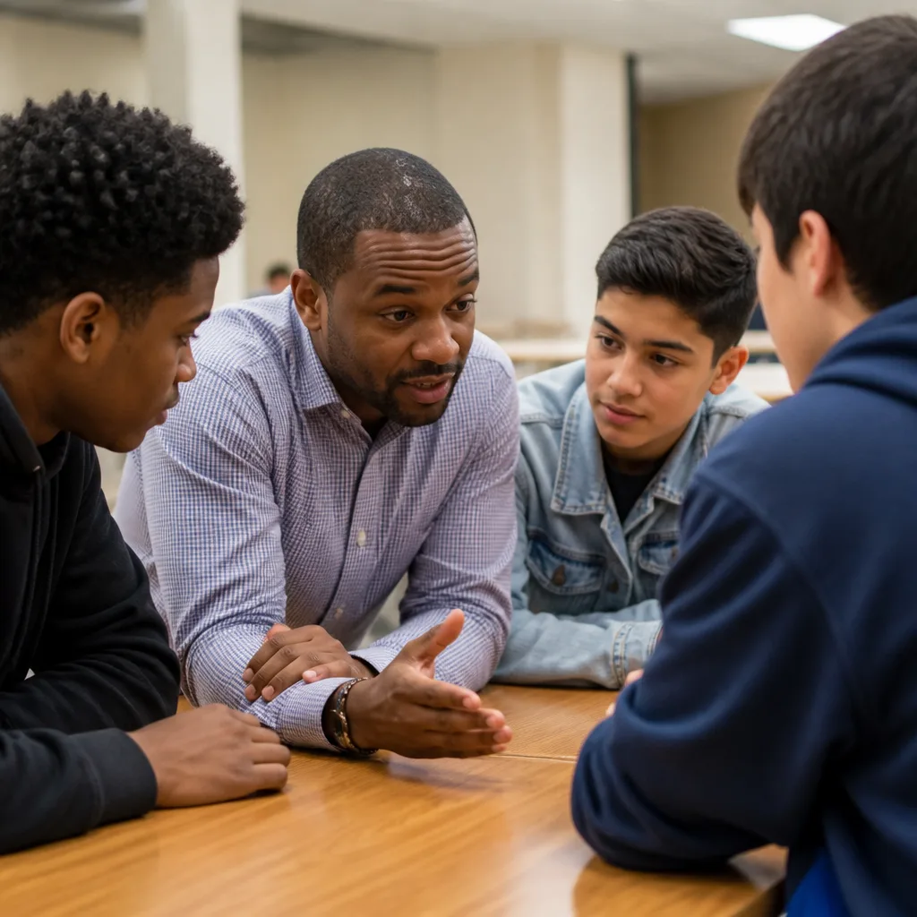 Adult mentor guiding teens during a structured youth program