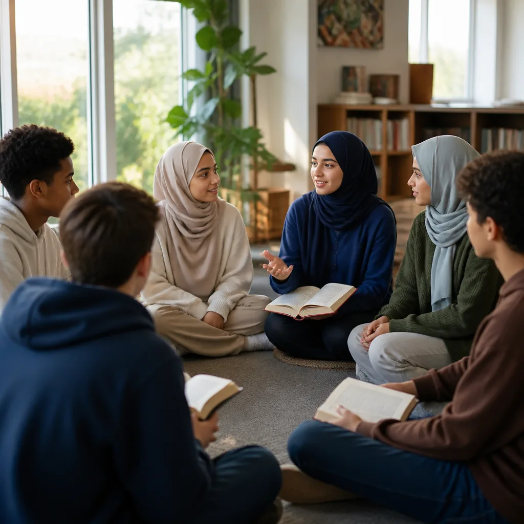 Muslim youth gathered for a respectful faith-centered discussion in a warm community space