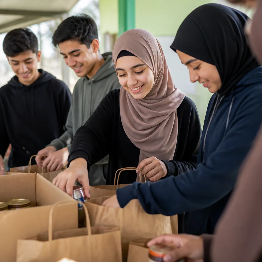 Muslim teens engaged in a leadership and service activity in a community setting