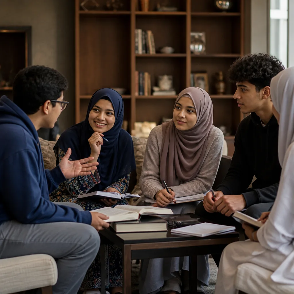 Teens engaged in a respectful discussion in a welcoming community room
