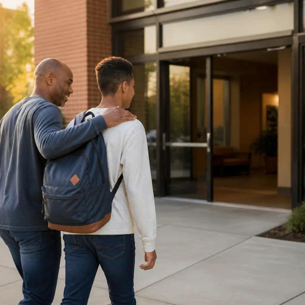 Parent and teen walking toward a welcoming community entrance