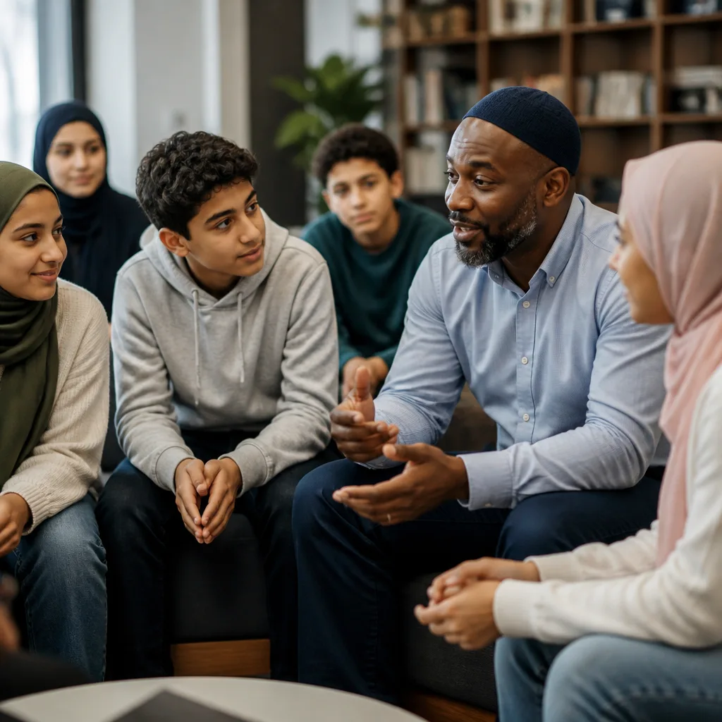 Muslim teen mentoring session in a community center