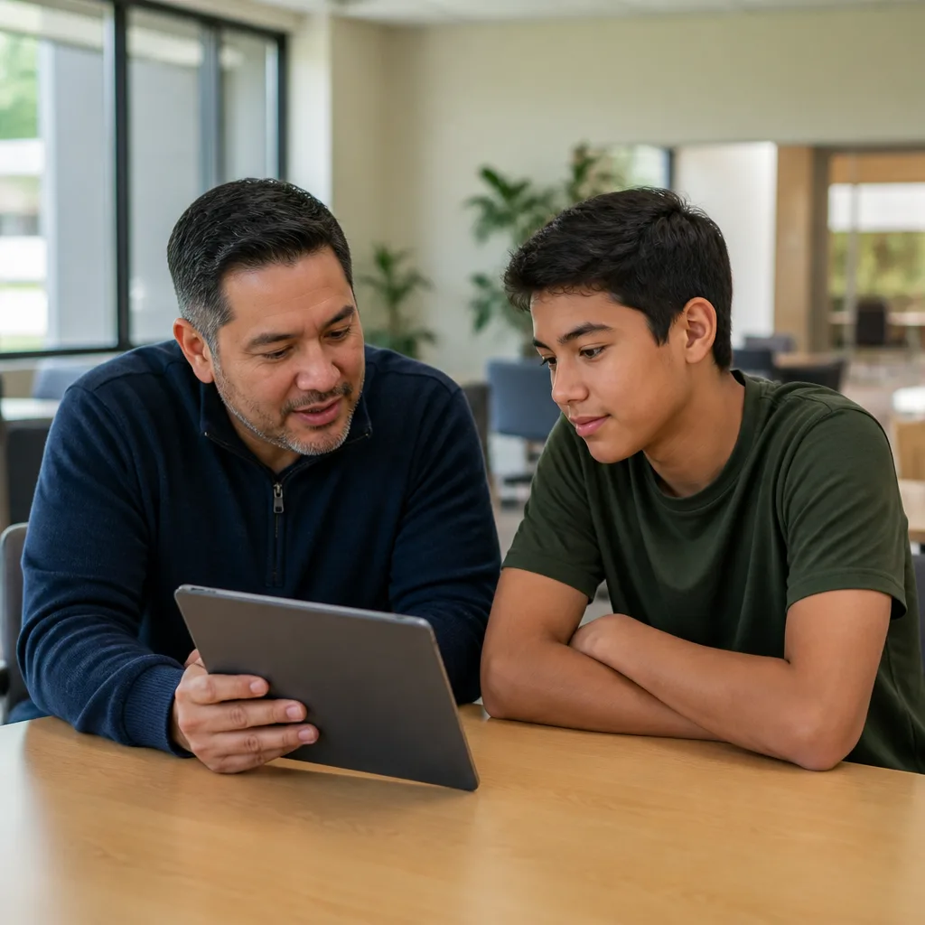 Parent and teen reviewing youth program guidance together