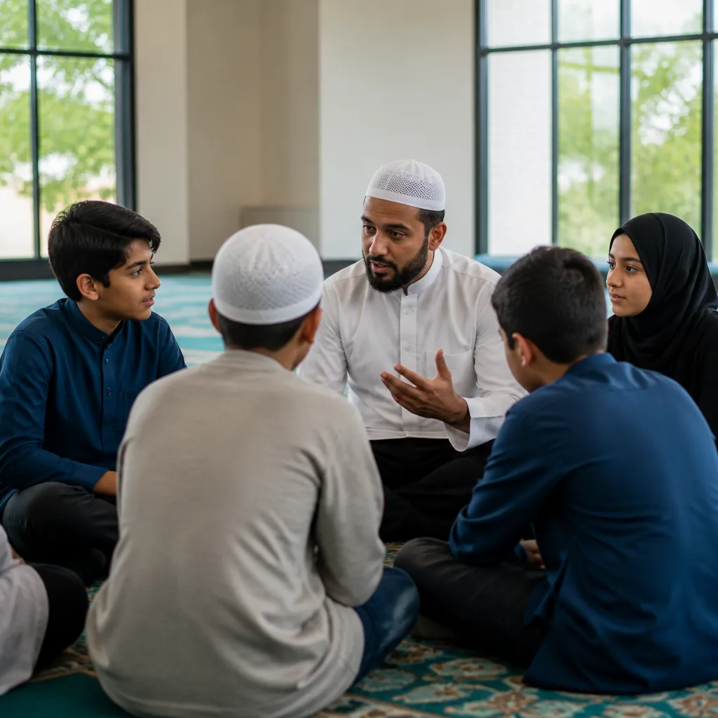 Muslim teens in a halaqah-style discussion with a mentor