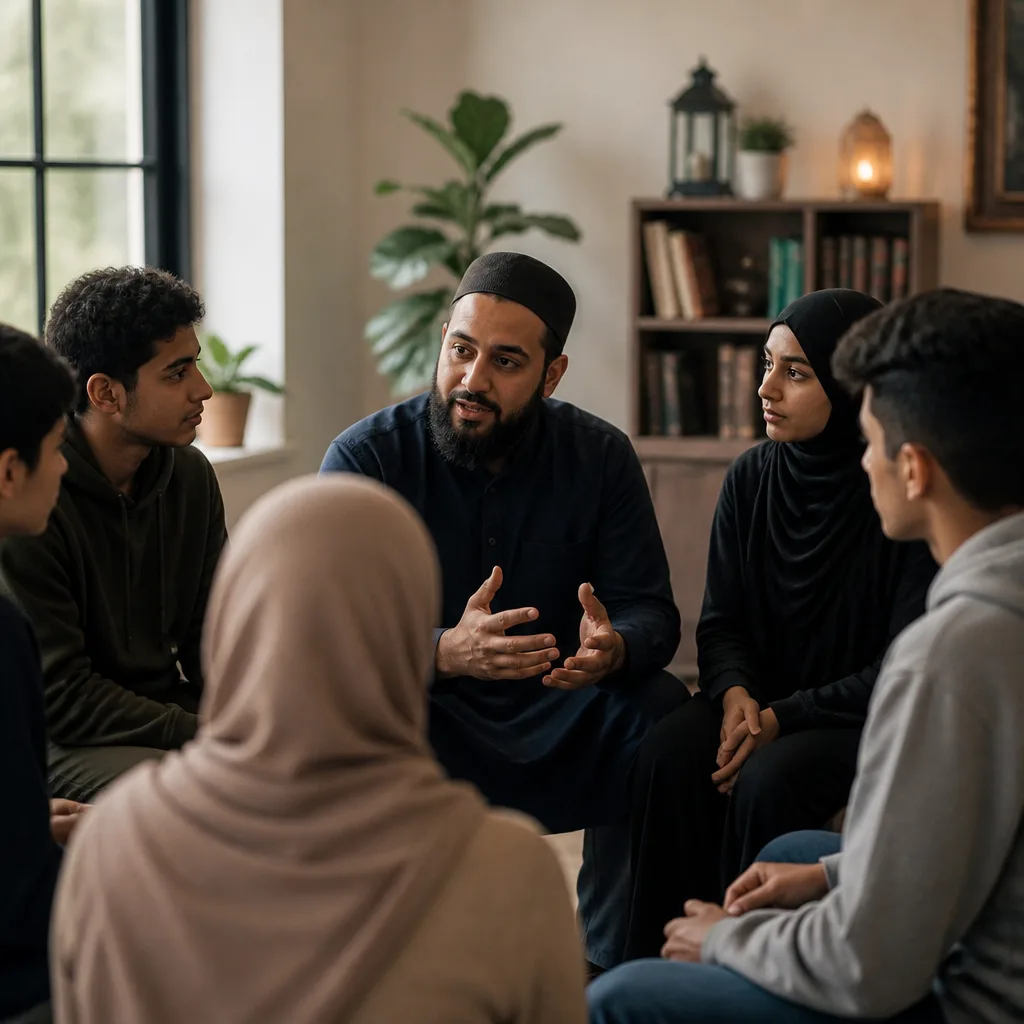 Muslim youth and mentors engaging in a faith-centered discussion at AMCC