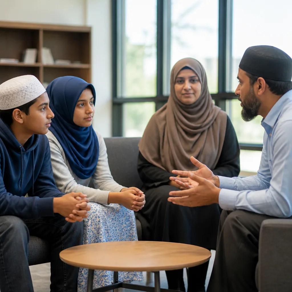 Mentor and youth in a calm indoor conversation