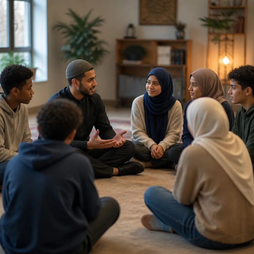Muslim teens in a welcoming discussion setting with a mentor at AMCC Youth Programs